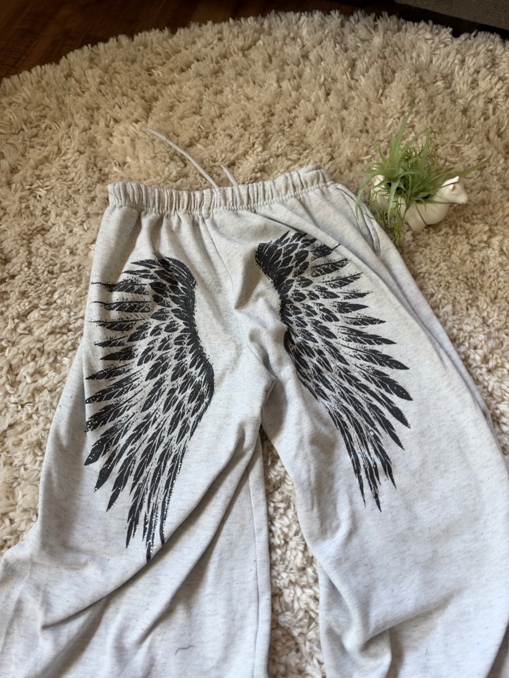 Comfortable Gray vintage y2k butt wing print Women's Sweat Joggers with Black Wi